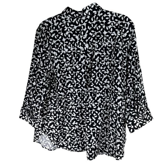 Chico’s Size 3 (US 16) Black White Abstract Print Button Front Shirt ¾ Sleeve - Picture 2 of 6